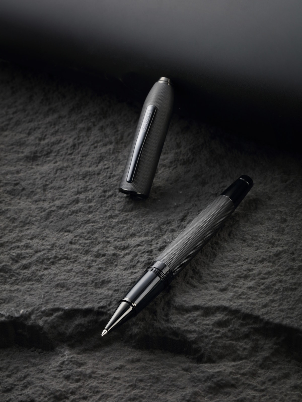 Peerless™ Polished Black PVD Engraved Diamond Pattern with Black PVD Appointments and Swarovski Crystal Rollerball Pen