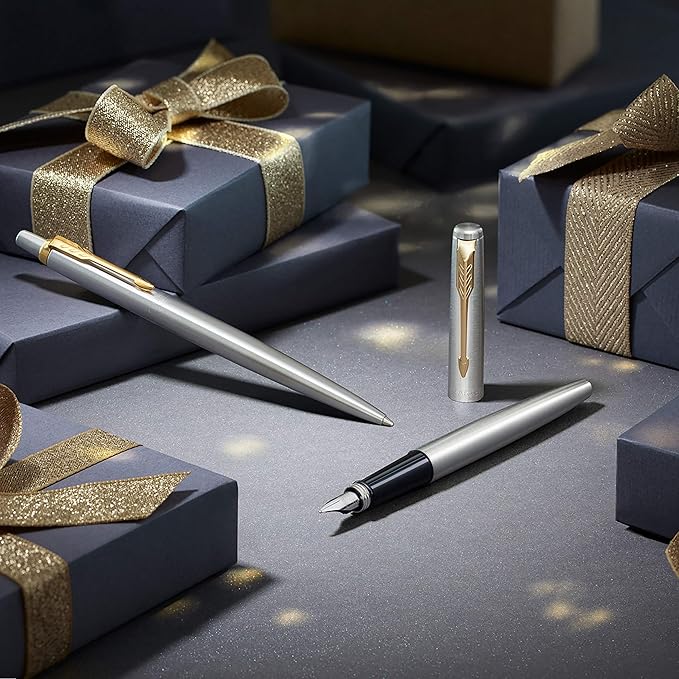 Parker Jotter Fountain Pen, Stainless Steel Body, Gold Trim, Medium Point, Blue Ink, Includes Gift Box