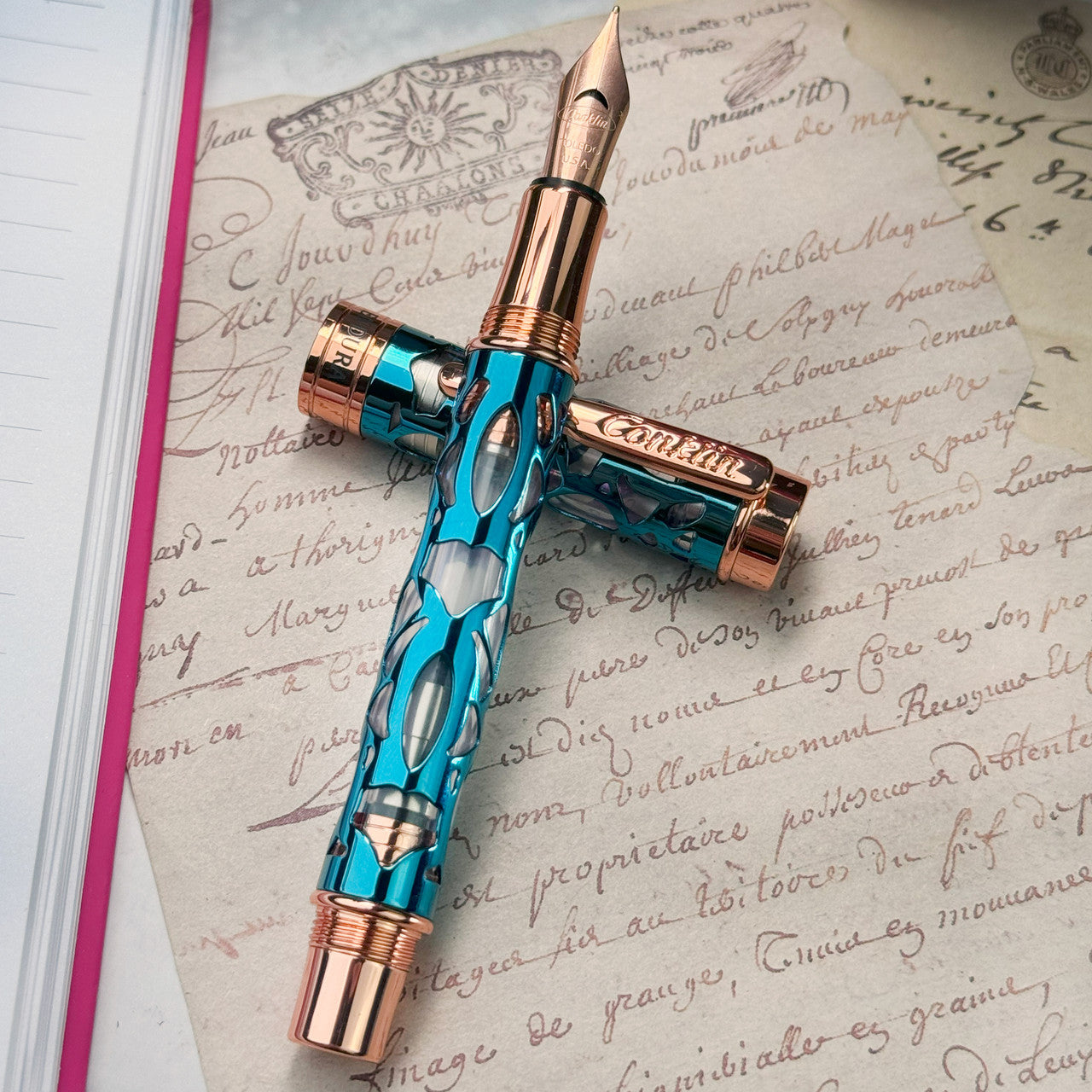 Conklin Endura Deco Crest Fountain Pen in Demo Blue with Rosegold Trim