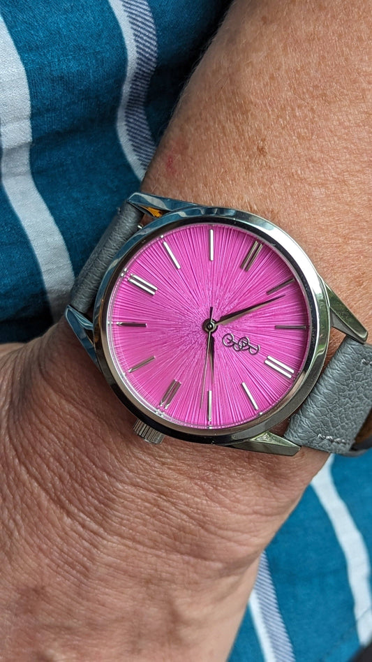 Pink Sunburst Watch from the Beyond Boring Watch Company