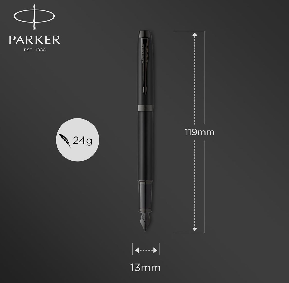 Parker IM Fountain Pen, Matte Black, Black Trim, Medium Point, Blue Ink Cartridge, Gift Box - Perfect for Calligraphy and Artistic Writing