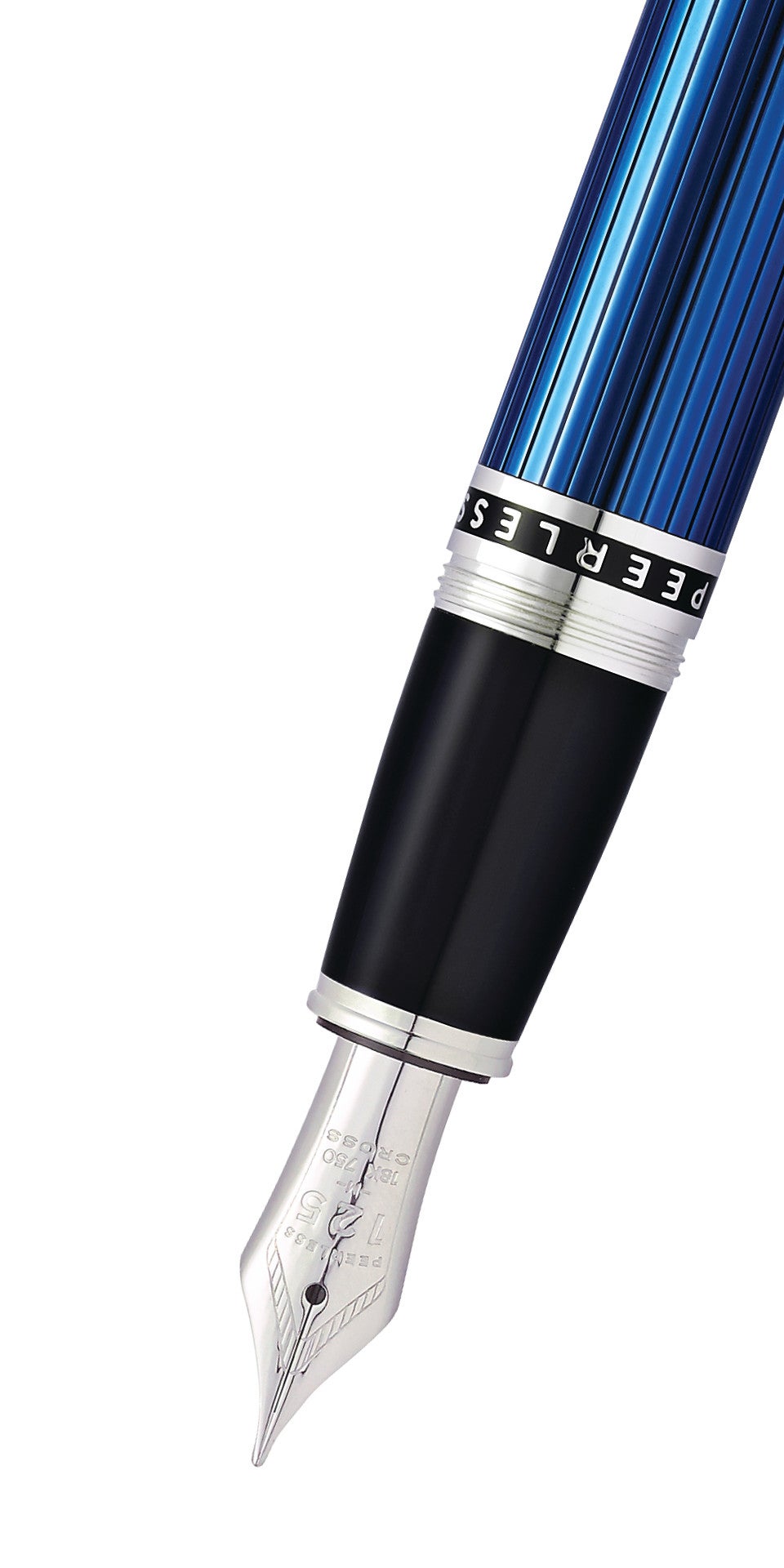 Peerless™ Translucent Quartz Blue Engraved Lacquer with Platinum Plated Appointments and Rhodium Plated 18KT Solid Gold Fine Nib Fountain Pen