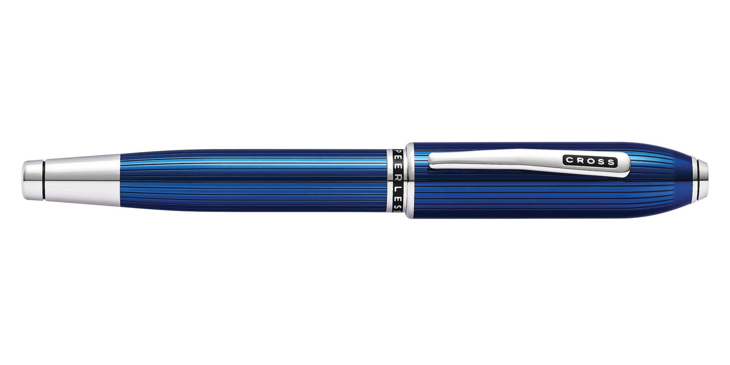 Peerless™ Translucent Quartz Blue Engraved Lacquer with Platinum Plated Appointments and Rhodium Plated 18KT Solid Gold Fine Nib Fountain Pen